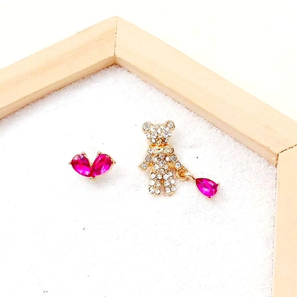 Gold Crystal Pink Heart Teddy Bear Earrings With Silver Post 32$